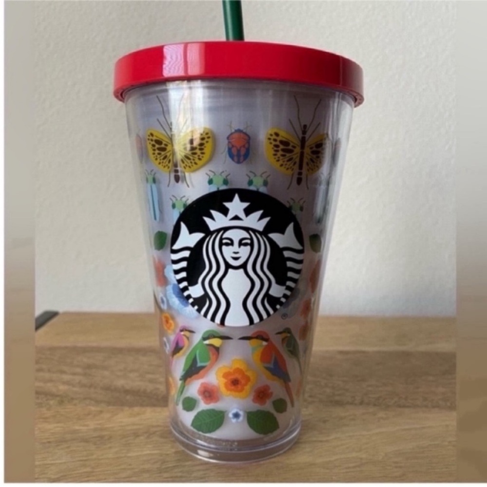 Starbucks - 16 oz insects, birds and flowers tumbler with straw.